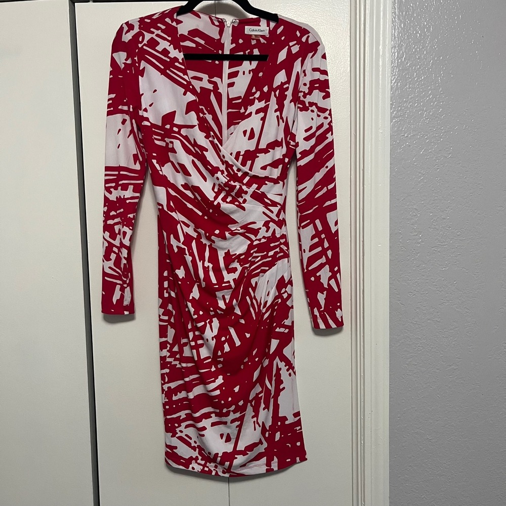 Calvin Klein Red White Print Long Sleeve Dress Career Party